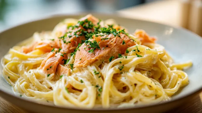 Creamy smoked salmon pasta with fettuccine noodles, flaky salmon pieces, and herbs served in a shallow bowl with soft natural light.