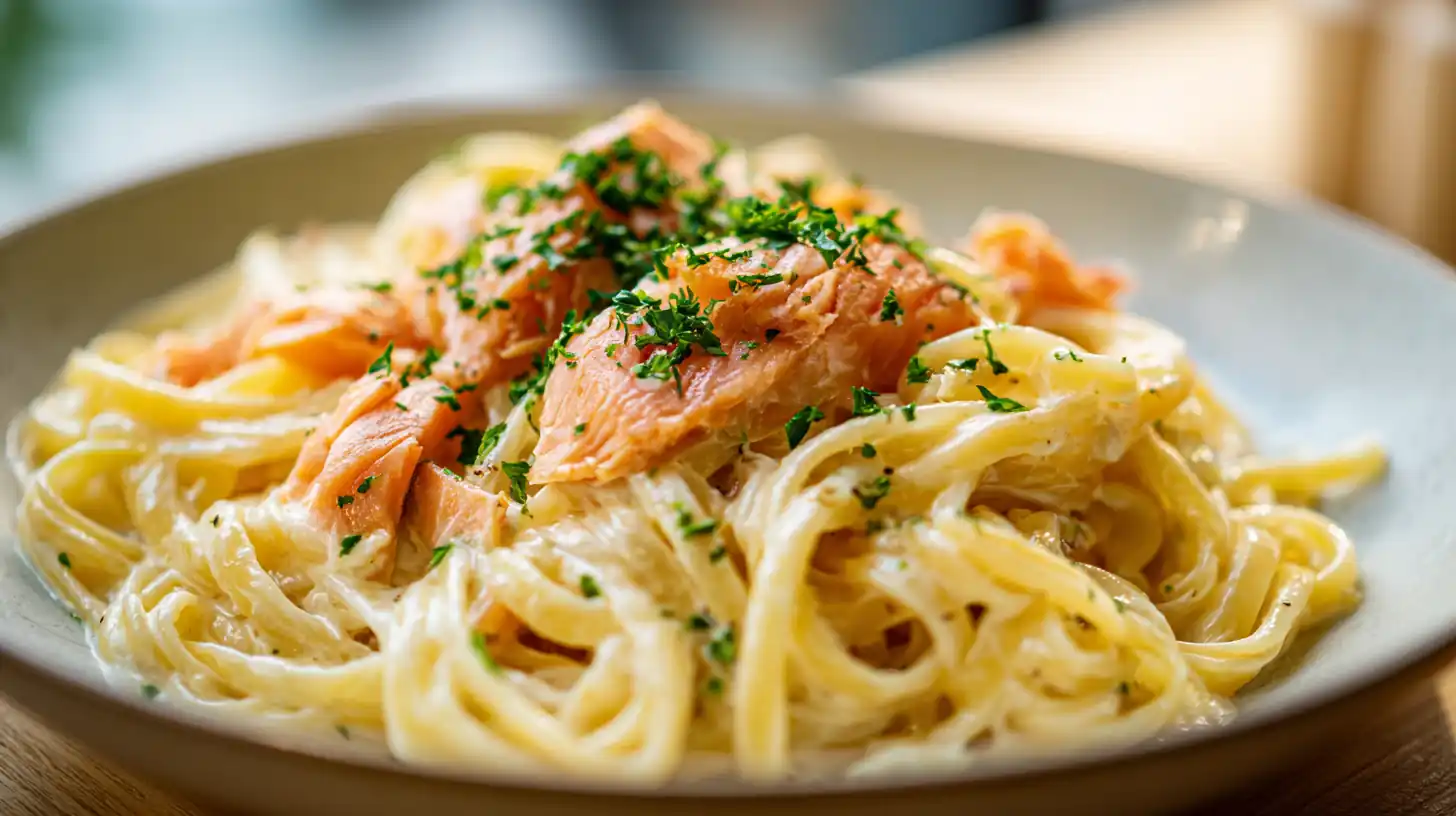 Smoked Salmon Pasta 2 Creamy smoked salmon pasta with fettuccine noodles, flaky salmon pieces, and herbs served in a shallow bowl with soft natural light.