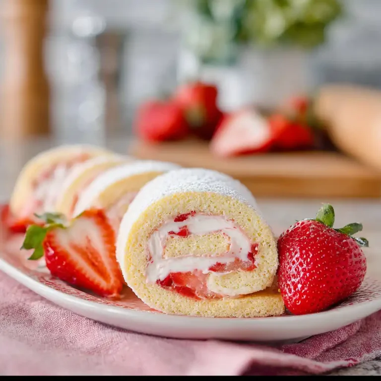 Strawberry cream roll-up slices on a white plate with fresh strawberries, showing creamy filling and soft sponge cake.
