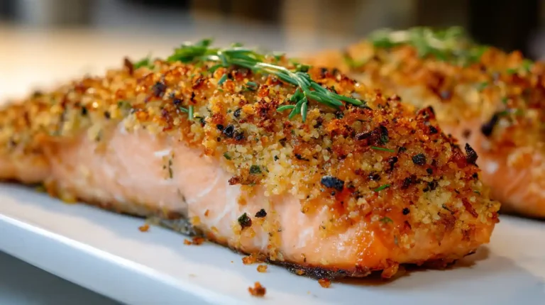 Close-up of Dijon crusted salmon fillet with golden panko topping and fresh herbs on a white plate