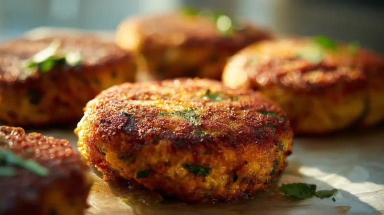 Close-up of golden crispy salmon cakes with a browned crust, cooked in a skillet with warm natural lighting