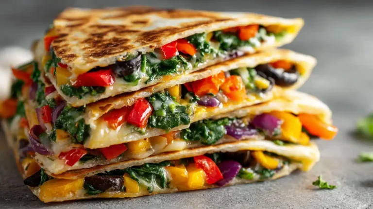 Stack of golden veggie quesadillas filled with spinach, bell peppers, onions, and melted cheese on a neutral surface.