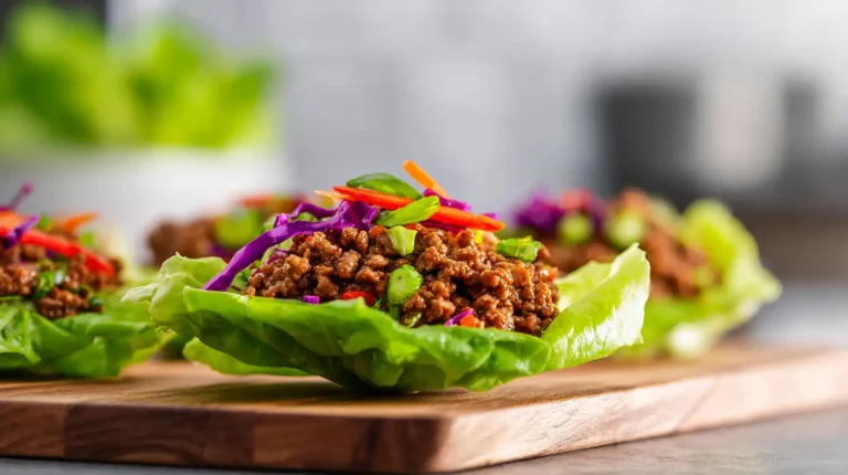 Ground beef lettuce wraps arranged on a wooden board with crisp green lettuce, glossy beef filling, and colorful veggie garnish.