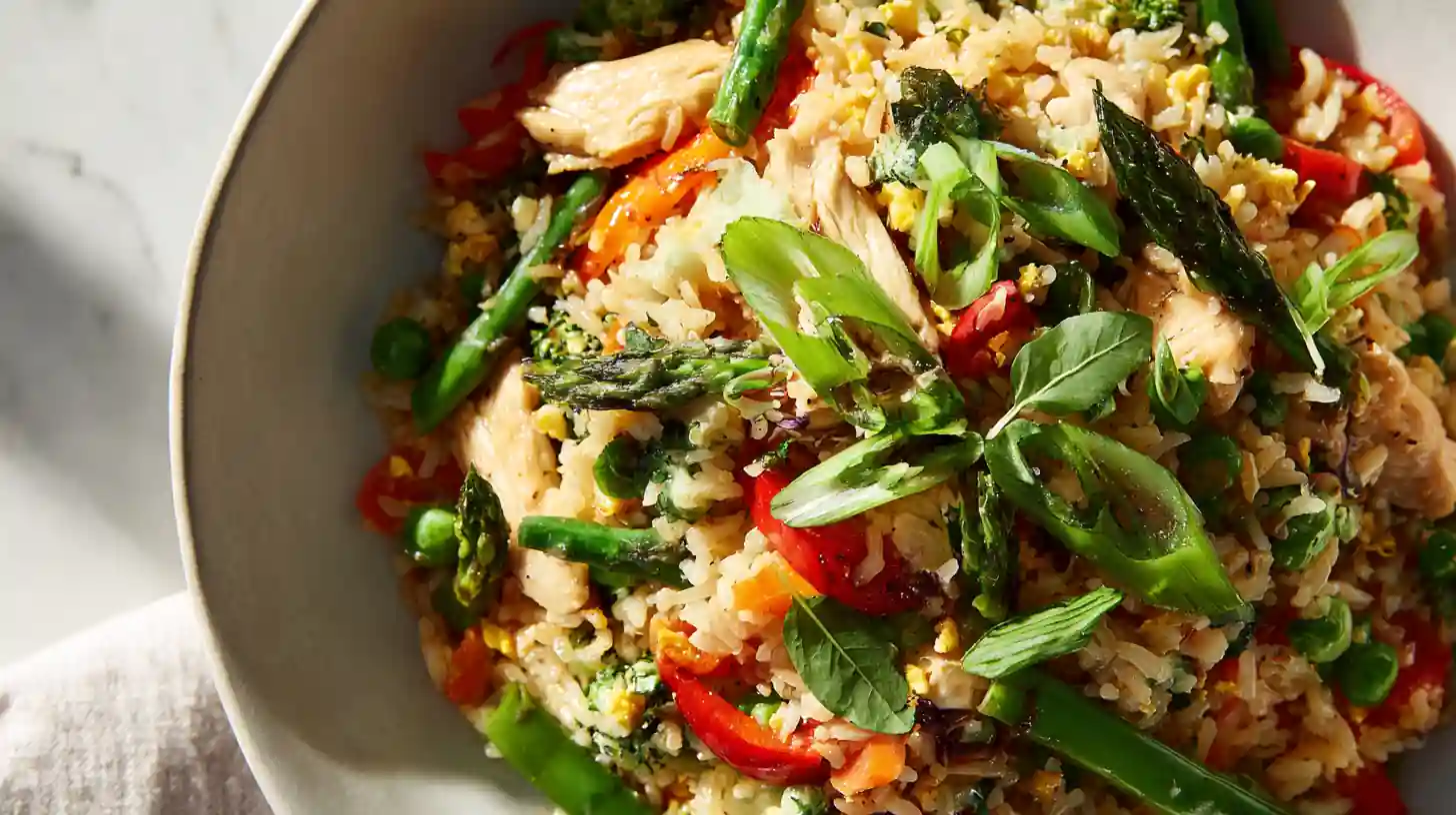 Spring Chicken Fried Rice with Veggies 2 Bowl of spring chicken fried rice with asparagus, snap peas, red peppers, and fresh herbs in natural light.