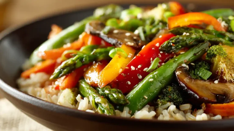 Close-up of glossy spring vegetable stir-fry with asparagus, bell peppers, broccoli, and mushrooms over brown rice in a dark bowl.