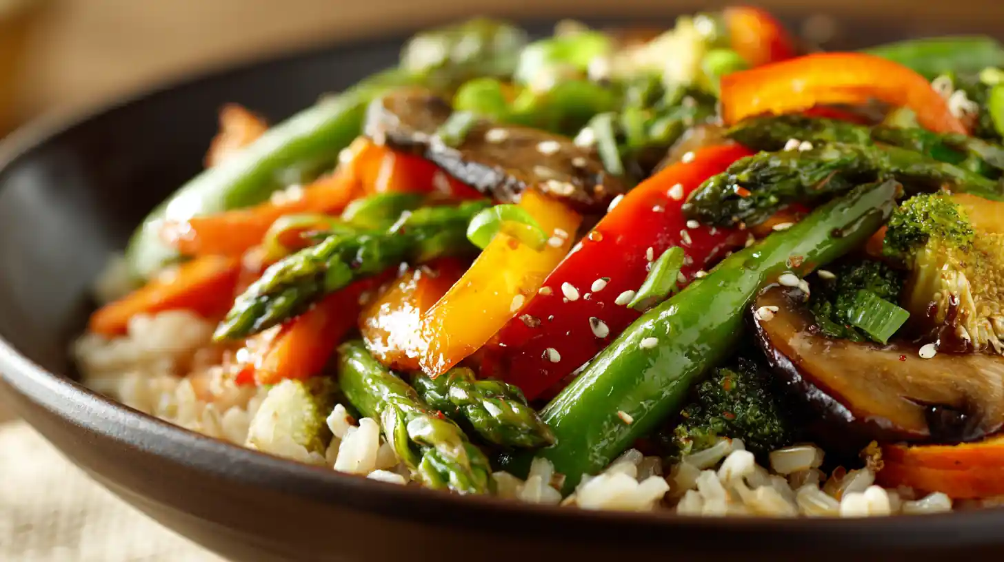 Healthy Spring Veggie Stir-Fry 2 Close-up of glossy spring vegetable stir-fry with asparagus, bell peppers, broccoli, and mushrooms over brown rice in a dark bowl.