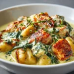 Creamy Chicken Gnocchi 3 Close-up of golden chicken and gnocchi in creamy sauce with spinach and herbs.
