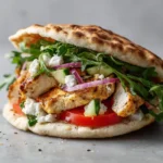 Greek Chicken Breast Pita Sandwich 3 Greek chicken pita sandwich with grilled chicken, tomato, cucumber, red onion, greens, and crumbled feta in toasted pita.