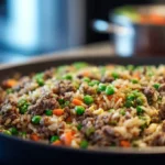 Ground beef fried rice cooking in a large skillet with peas, carrots, and green onions in warm kitchen light.