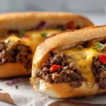 ground beef philly cheesesteak on a toasted hoagie roll with melted cheese and seasoned beef filling