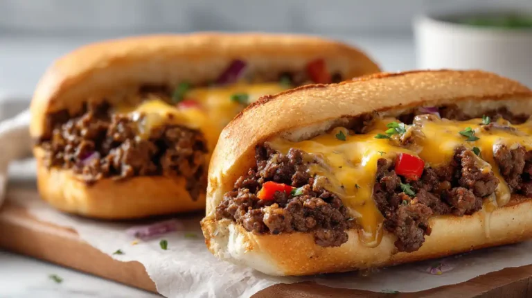 ground beef philly cheesesteak on a toasted hoagie roll with melted cheese and seasoned beef filling