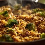 Skillet filled with saucy ramen noodles, ground beef, and broccoli under warm kitchen lighting.