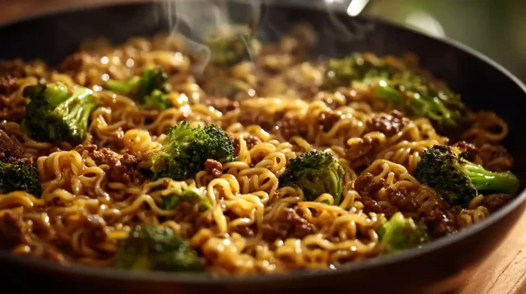 Skillet filled with saucy ramen noodles, ground beef, and broccoli under warm kitchen lighting.