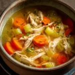 Close-up of brothy chicken soup with shredded chicken, sliced carrots, celery, and herbs in a rustic bowl