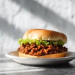 Ground Beef Sloppy Joes (Homemade Sauce) 3 Ground beef sloppy joe sandwich topped with fresh green lettuce on a white plate in natural light.