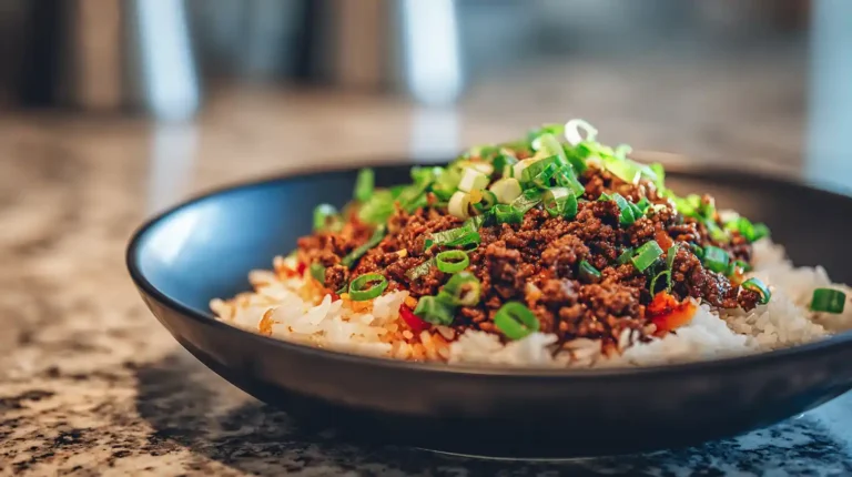 Korean ground beef in a glossy sweet soy sauce served over white rice and topped with sliced green onions in a black bowl