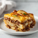 Ground Beef Hobo Casserole 3 Thick square of ground beef and potato casserole with melted cheese on a light ceramic plate.