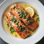 Two salmon fillets in a shallow bowl with lemon caper butter sauce, garnished with parsley and a lemon wedge.