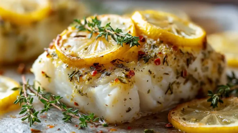 Close-up of baked cod topped with lemon slices, thyme sprigs, and red pepper flakes on parchment paper.
