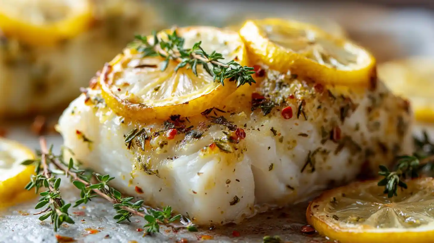 Lemon Herb Baked Cod 2 Close-up of baked cod topped with lemon slices, thyme sprigs, and red pepper flakes on parchment paper.