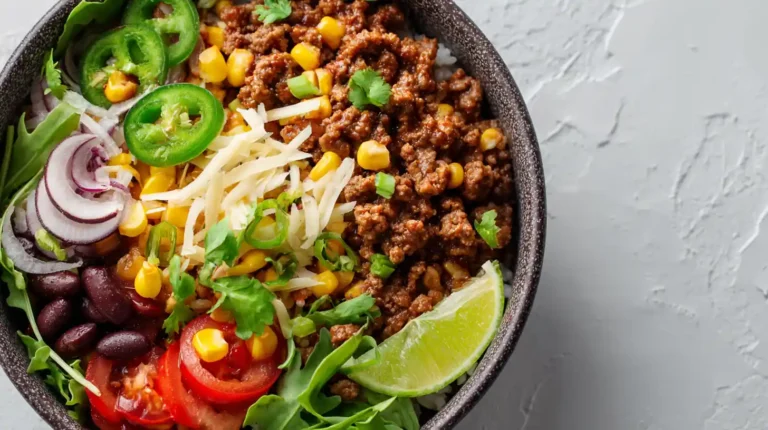 Ground beef burrito bowl with rice, black beans, corn, jalapeños, shredded cheese, tomatoes, and lime wedge.