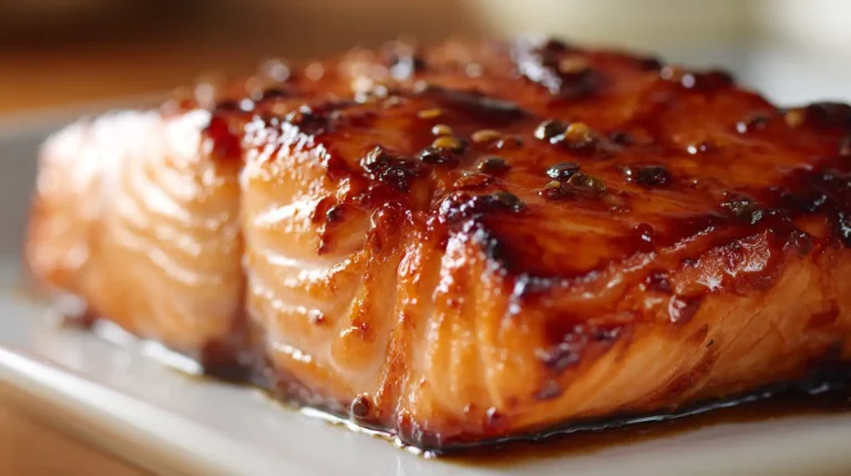 Close-up of maple soy glazed salmon with caramelized edges and a glossy sauce pooling on a white plate.