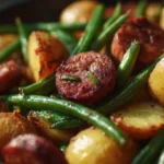 Close-up of sliced sausage with roasted baby potatoes and green beans in a skillet under warm light.