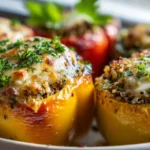 Close-up of yellow and red stuffed bell peppers filled with quinoa, vegetables, and melted mozzarella.