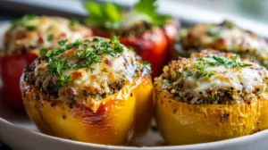 Close-up of yellow and red stuffed bell peppers filled with quinoa, vegetables, and melted mozzarella.