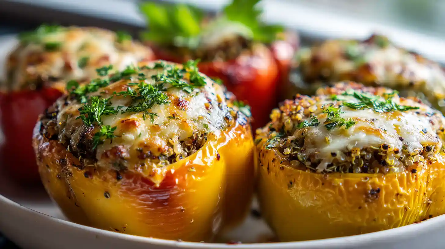 Stuffed Bell Peppers with Quinoa and Veggies 2 Close-up of yellow and red stuffed bell peppers filled with quinoa, vegetables, and melted mozzarella.