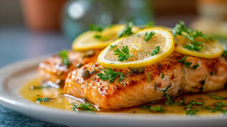 Pan-seared salmon piccata topped with lemon slices, capers, and parsley in a glossy lemon