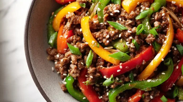Close-up of ground beef stir fry with red, yellow, and green bell peppers topped with sesame seeds and green onions.