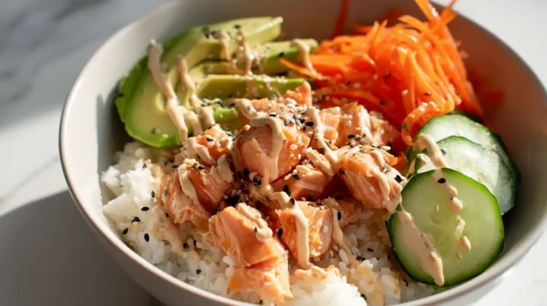 Salmon rice bowl with white rice, avocado slices, shredded carrots, cucumber, sesame seeds, and spicy mayo drizzle.