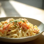 Smoked Salmon Pasta 3 Smoked salmon pasta with creamy sauce and fresh dill, plated in a wide bowl and lit by warm afternoon sunlight.