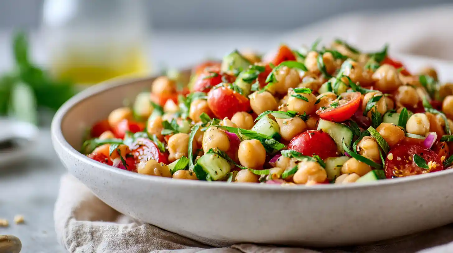 Spring Chickpea Salad with Fresh Herbs 2 White bowl of chickpea salad with cherry tomatoes, cucumber, red onion, and fresh herbs in bright natural light.