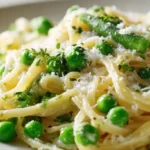 Close-up of creamy pasta with green peas, grated Parmesan, and fresh herbs in soft natural light.