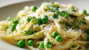 Close-up of creamy pasta with green peas, grated Parmesan, and fresh herbs in soft natural light.