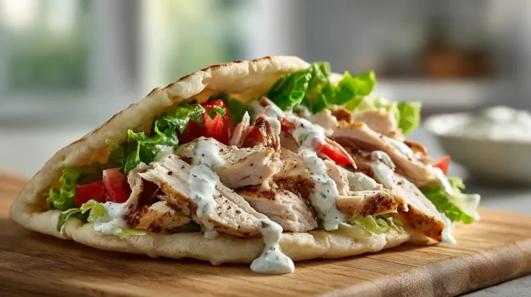 Stacked Greek chicken pita sandwiches with grilled chicken, lettuce, tomato, cucumber, red onion, and creamy tzatziki.