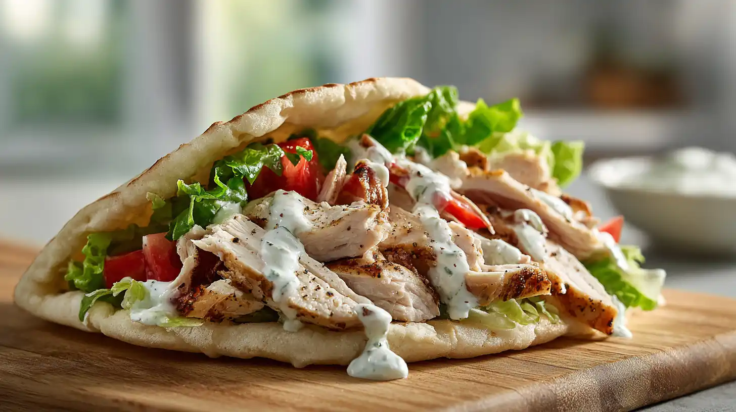Greek Chicken Breast Pita Sandwich 2 Stacked Greek chicken pita sandwiches with grilled chicken, lettuce, tomato, cucumber, red onion, and creamy tzatziki.