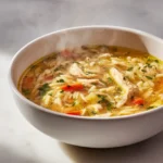 White bowl of lemon chicken orzo soup with carrots, herbs, and tender chicken on a marble counter with fresh lemons nearby