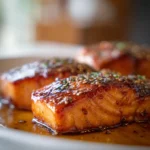Baked salmon fillets brushed with maple soy glaze and sprinkled with sesame seeds on a white serving plate.