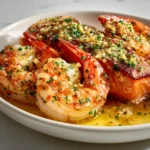 Surf and Turf Shrimp & Salmon 3 Juicy shrimp and thick salmon fillets covered in garlic herb butter, served in a white bowl with a rich golden sauce.