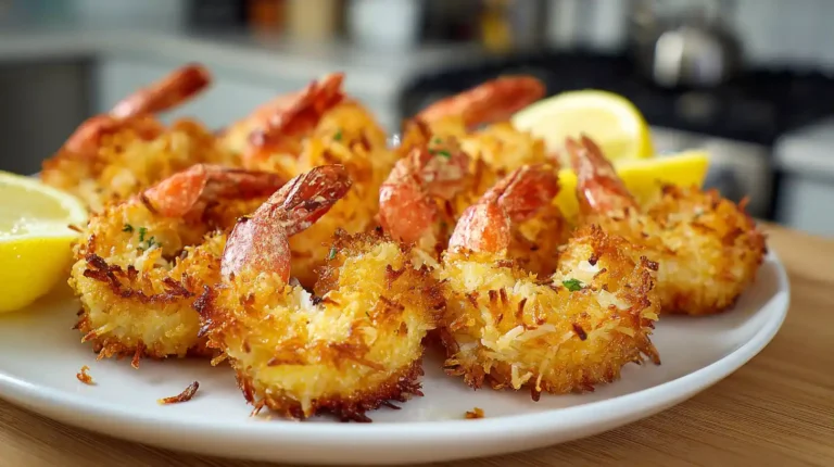 crispy baked coconut shrimp arranged on a white plate with lemon wedges in a bright kitchen setting
