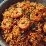 Shrimp Jambalaya (Easy Skillet Style) 3 shrimp jambalaya in a black cast iron skillet with rice, vegetables, and fresh herbs on top
