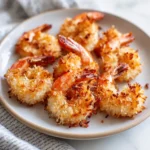 baked coconut shrimp with toasted coconut coating served on a neutral plate in soft natural light