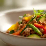 ground turkey spring stir-fry with zucchini, bell peppers, and fresh herbs in a shallow bowl with soft natural light