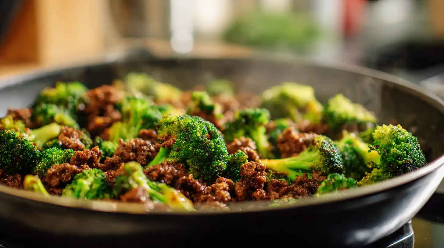 Honey Garlic Ground Beef and Broccoli 2 skillet of honey garlic ground beef and broccoli cooking together with glossy sauce and bright green florets