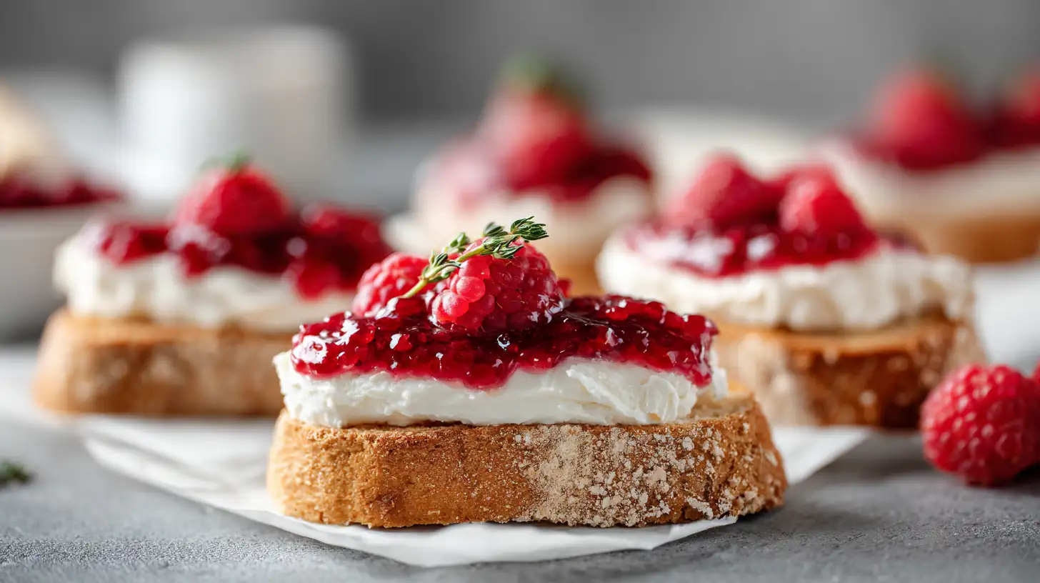 Raspberry Cream Cheese Toasts 2 raspberry cream cheese toast topped with raspberry compote on toasted bread, arranged on parchment with soft natural light