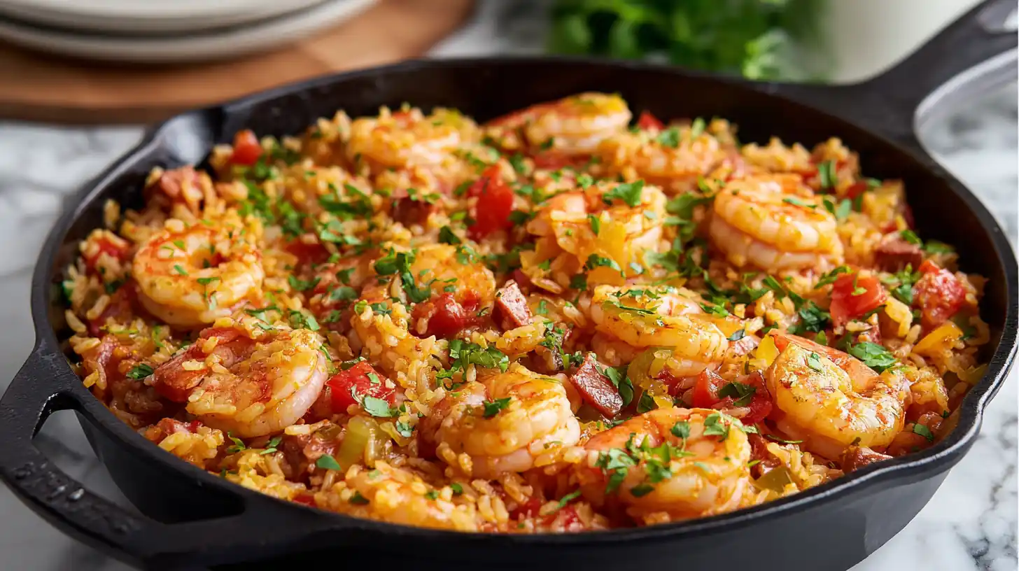 Shrimp Jambalaya (Easy Skillet Style) 2 close-up of shrimp jambalaya with seasoned rice and chopped herbs in a shallow pan